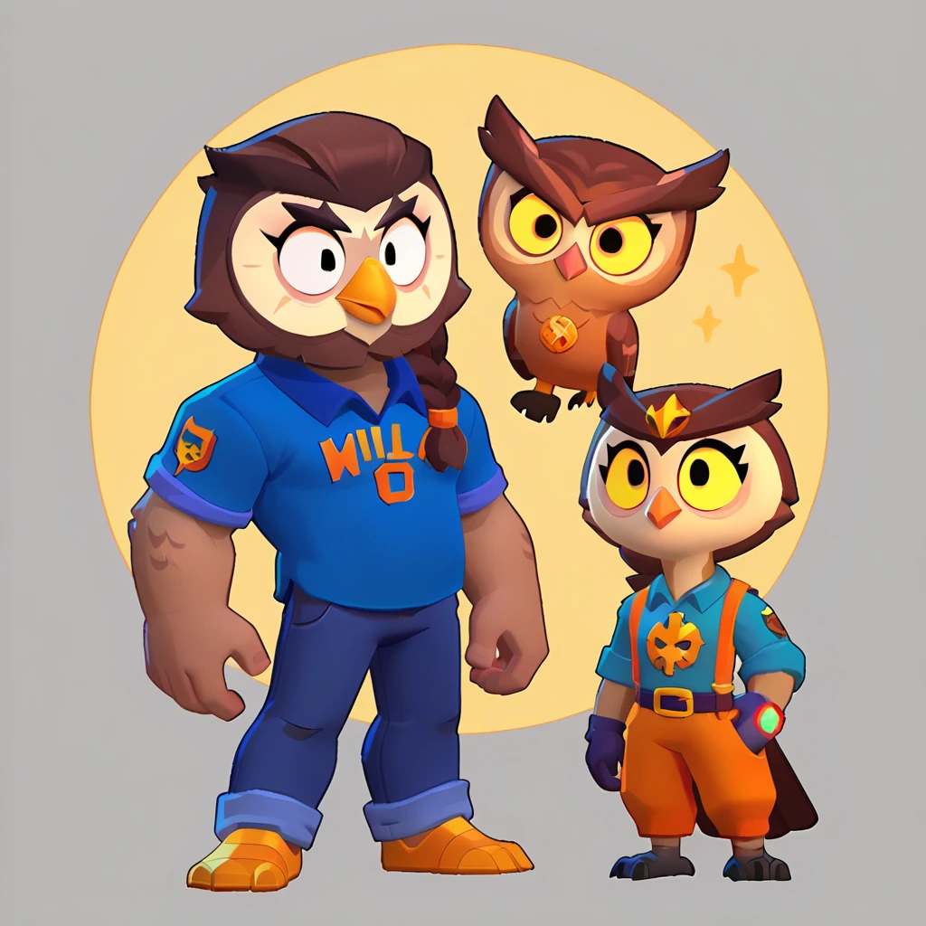 Full body view from an anthropomorphic ebony brown owl, bulging eyes, oval yellow beak, dressed in a blue polo shirt, purple jeans with orange trim on the side, gold braid, owl head logo on his polo shirt, brawl, brawl stars