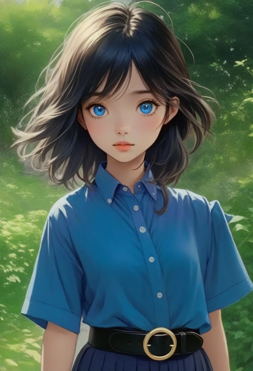 anime illustration, 1girl, wavy shoulder-length hair, serene, calm, (realistic detailed eyes, natural skin texture, realistic face details), soft dramatic lighting, depth of field, bokeh, vibrant details, finely detailed, BREAK, she wearing cornflower-blue shirt short sleeves, navy-blue neckerchief, navy-blue pleated pencil long skirt, black belt with gold circle buckle and white socks