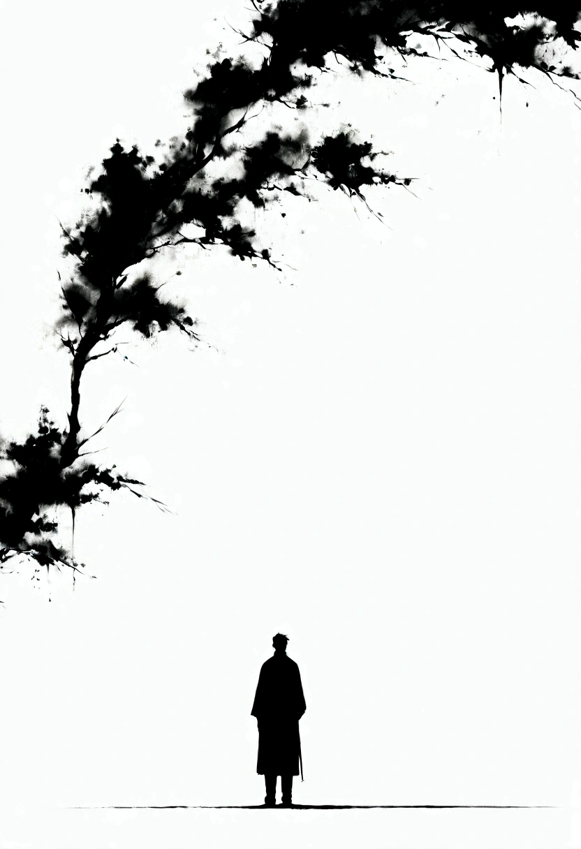 (Lots of white space:1.5),(Lots of white space:1.6), Huge negative space,White background, simple, Minimalism, Abstract,Hand Painted,Aesthetic,black and white,Ink Painting,Mountain,solitary Man