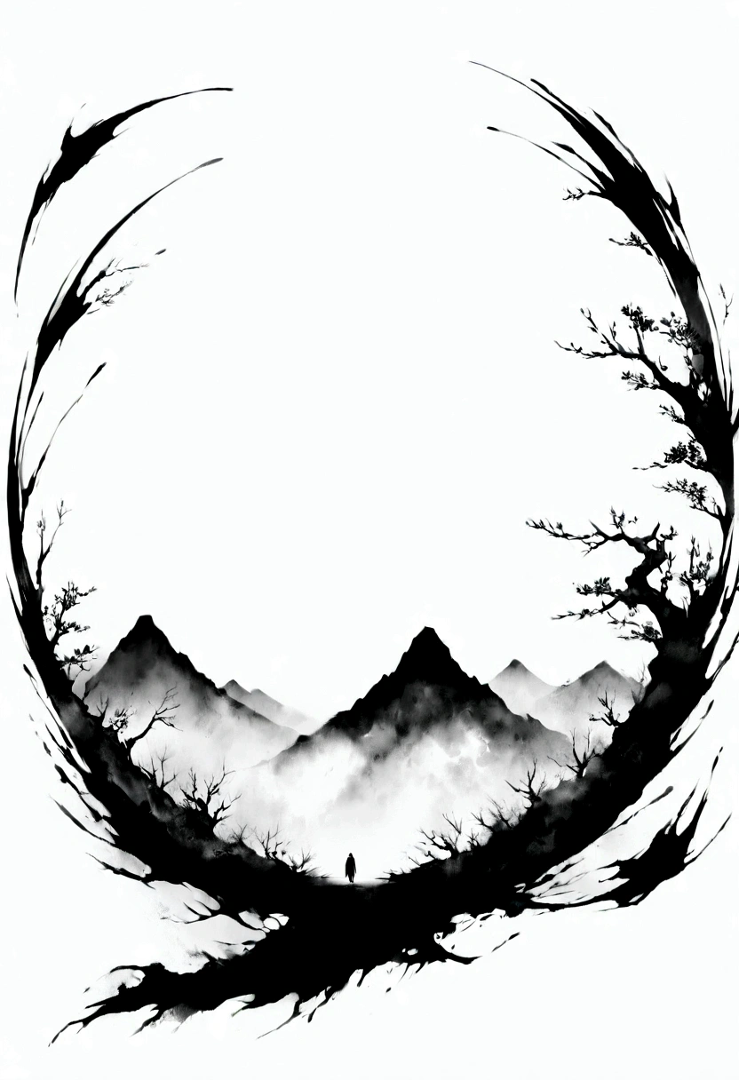 (Lots of white space:1.5)，(Lots of white space:1.6), Huge negative space,White background, simple, Minimalism, Abstract,Hand Painted，Aesthetic，black and white，Ink Painting，Mountain，solitary Man