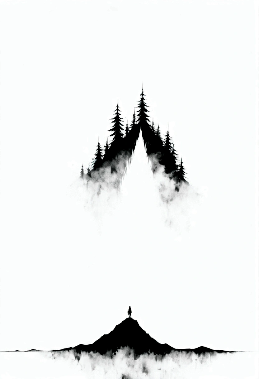 (Lots of white space:1.5)，(Lots of white space:1.6), Huge negative space,White background, simple, Minimalism, Abstract,Hand Painted，Aesthetic，black and white，Ink Painting，Mountain，solitary Man