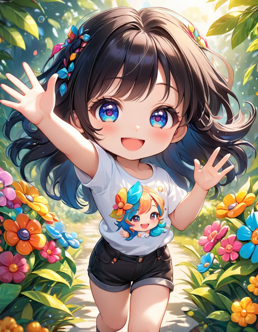 1girl, chibi, cartoon, long black hair, white t-shirt, black shorts, waving, smiling face, cute, adorable, cheerful, happy expression, detailed facial features, beautiful eyes, long eyelashes, high quality, 8k, hyperdetailed, intricate details, vibrant colors, dynamic pose, natural lighting, whimsical, playful, digital painting, illustration