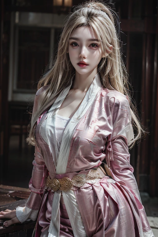 photorealistic, high resolution, 1women, solo, hips up, (detailed face), Blonde hair, ผมหางม้าสูง, Taoist robe, oversized clothes, jewelry, midjourney portrait