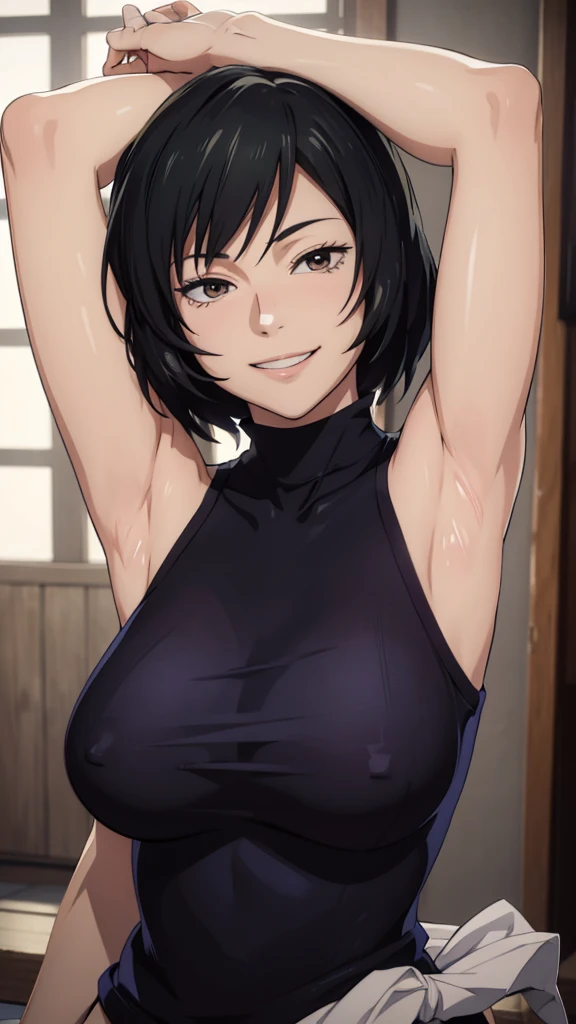 Mai, Portrait, masterpiece, 8k, ultra high quality, ultra realistic, ultra high definition, anime art, smiling, cute, seductive, armpits visible, detailed armpits