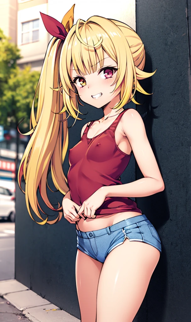 1girl, solo, detailed face, , , long hair,,,outdoor,standing,looking viewer,side ponytail,small breasts,,(((,gyaru))),nsfw,,,,grin,earring,camisole,denim short,navel