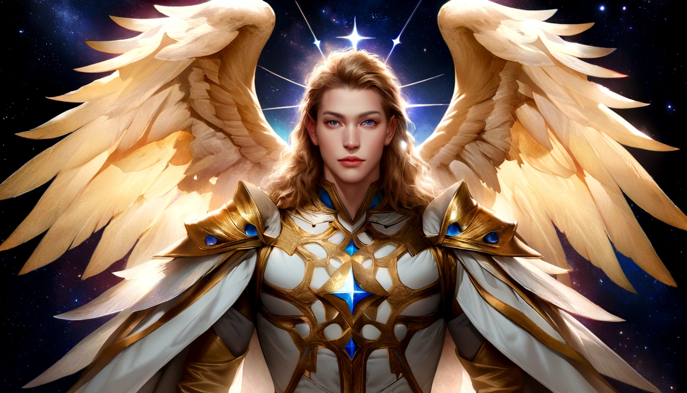 male character, Arcanjo Miguel, celestial image, details Intricate, realistic, ROSES and big wings, angelic background, Catholic illustrative depiction of the Arcanjo Miguel, male character of the Bible, Michael is dressed in angelic armor, Space background, Lighting in Arkhangelsk and in the background, Image of the entire body of an angel, Maximum detail and her angelic face and wings, realistic perfect skin, Maximum image quality, Miguel is highlighted in the image with bright and vibrant colors.