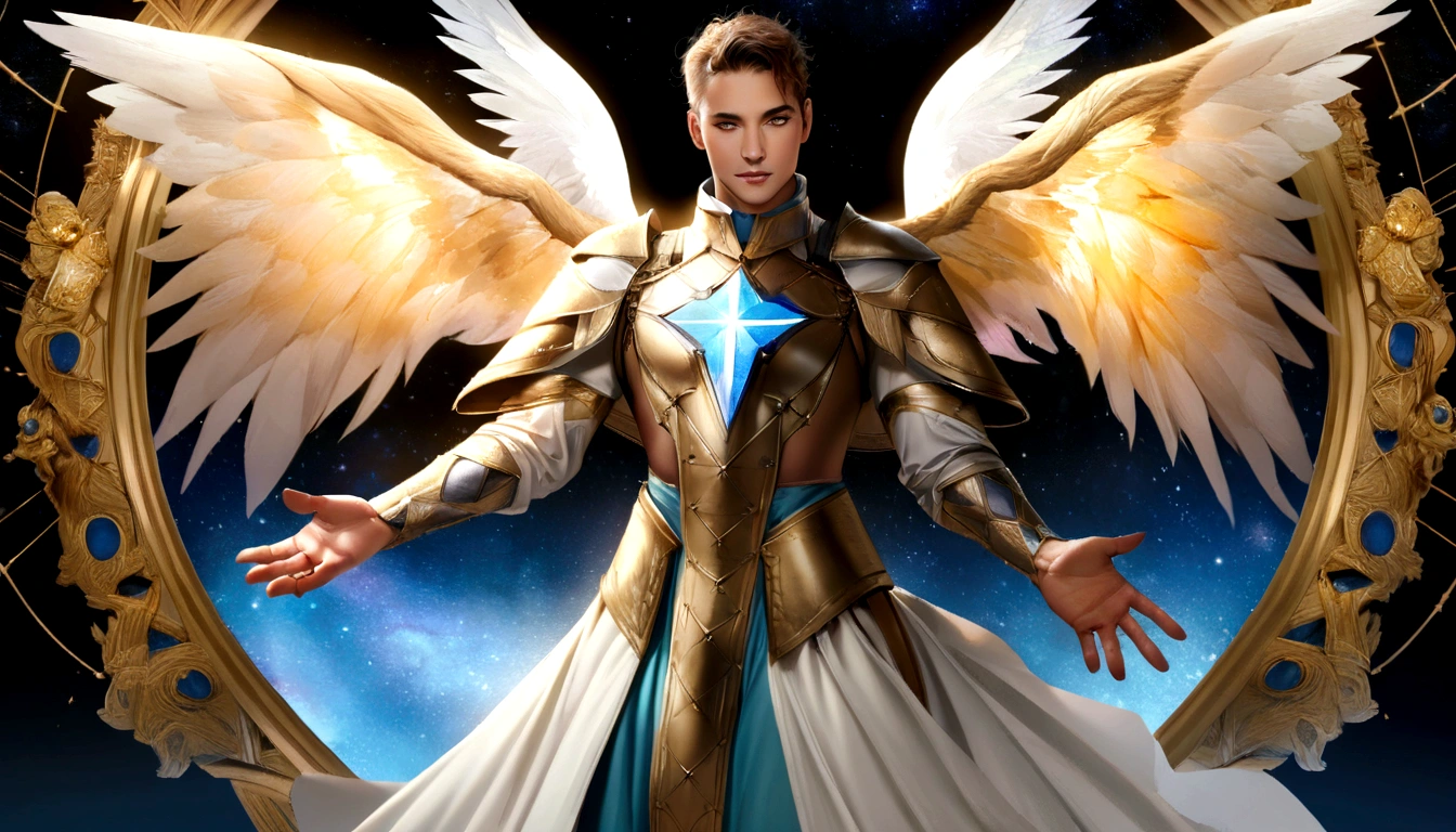 male character, Arcanjo Miguel, celestial image, details Intricate, realistic, ROSES and big wings, angelic background, Catholic illustrative depiction of the Arcanjo Miguel, male character of the Bible, Michael is dressed in angelic armor, Space background, Lighting in Arkhangelsk and in the background, Image of the entire body of an angel, Maximum detail and her angelic face and wings, realistic perfect skin, Maximum image quality, Miguel is highlighted in the image with bright and vibrant colors.
