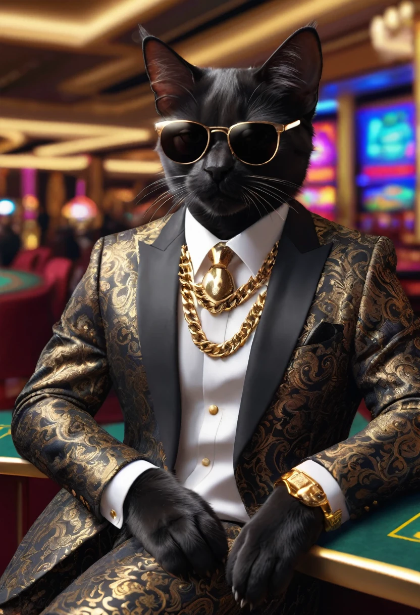 a black cat is sitting in casino, is wearing sunglasses, gold chain, wearing luxurious suit, realistic, 4K.
