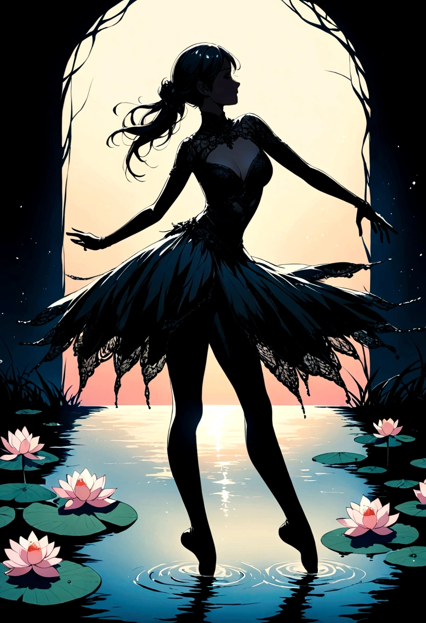 rainstorm,Rain splash,Huge waterspout,Girl shows black silhouette,Contrast with bright background,ballet silhouette,High contrast,Silhouette ballerina on the lake,lotus, lily pad,Shooting against the light,