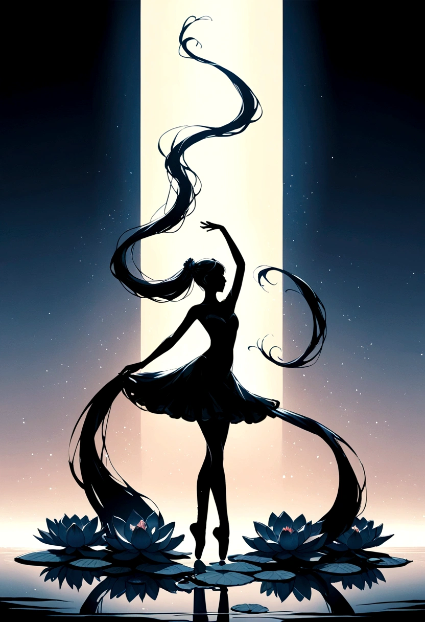 rainstorm,Rain splash,Huge waterspout,Girl shows black silhouette,Contrast with bright background,ballet silhouette,High contrast,Silhouette ballerina on the lake,lotus, lily pad,Shooting against the light,