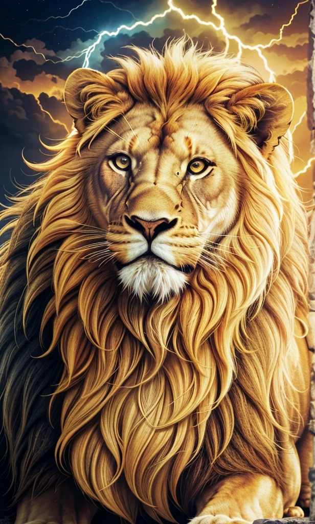 Lion, Divine Lion, naturals, thunder, Realistic Lion, rey, realistic detailed, Sunset light, sky, Sol noturno, realistic detailed 16K, Eletricidade Detalhada 8K, darkness background, Texturas realistas de 8K, Cores photorrealistic 8K, fire azul, realistic detailed Fire Bolt, sky Light Detailed, Power of thunder, Divine realistic, gold color, Divine gold, golden light, naturey, linda, Rendering, photorrealistic, UltraHigh definition, 4K, detailed textures, thunder, detailed shadows, detailed colors, neon blue, blue light, lightnings, blue power, naturey linda, Great Divine, peaceful face, naturalss, lightning, Electric Power Screw, detailed contrast, realistic contrast, high resolution, detailed colors, fire, villany, divine creature, 8K FullHD, realistic detailed, 16K, 8K, High definition, detailed contrast, realistic contrast, high resolution, detailed colors, fire, villany, divine creature, 8K Realistic Lion Face, realistic detailed, posh, elegance