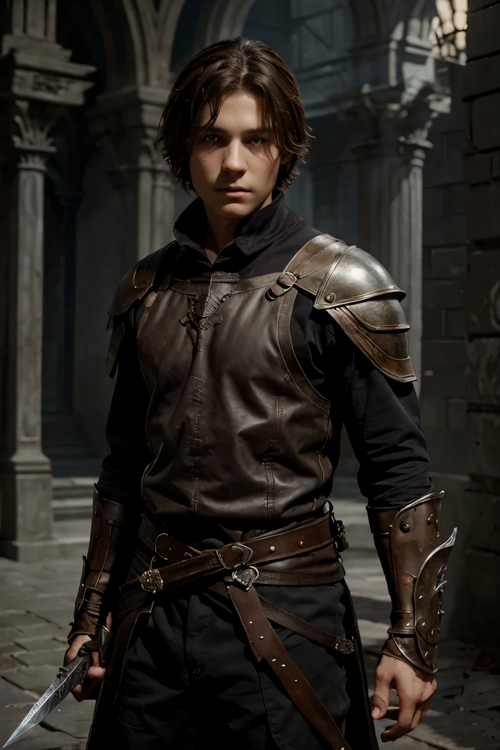 boy 14 years old with brown hair, slightly ashy hair, , grey eyes, tired look, dark fantasy character design, , epic exquisite character art, dark fantasy art, Full view, Amazing character art. holding sword in hand.