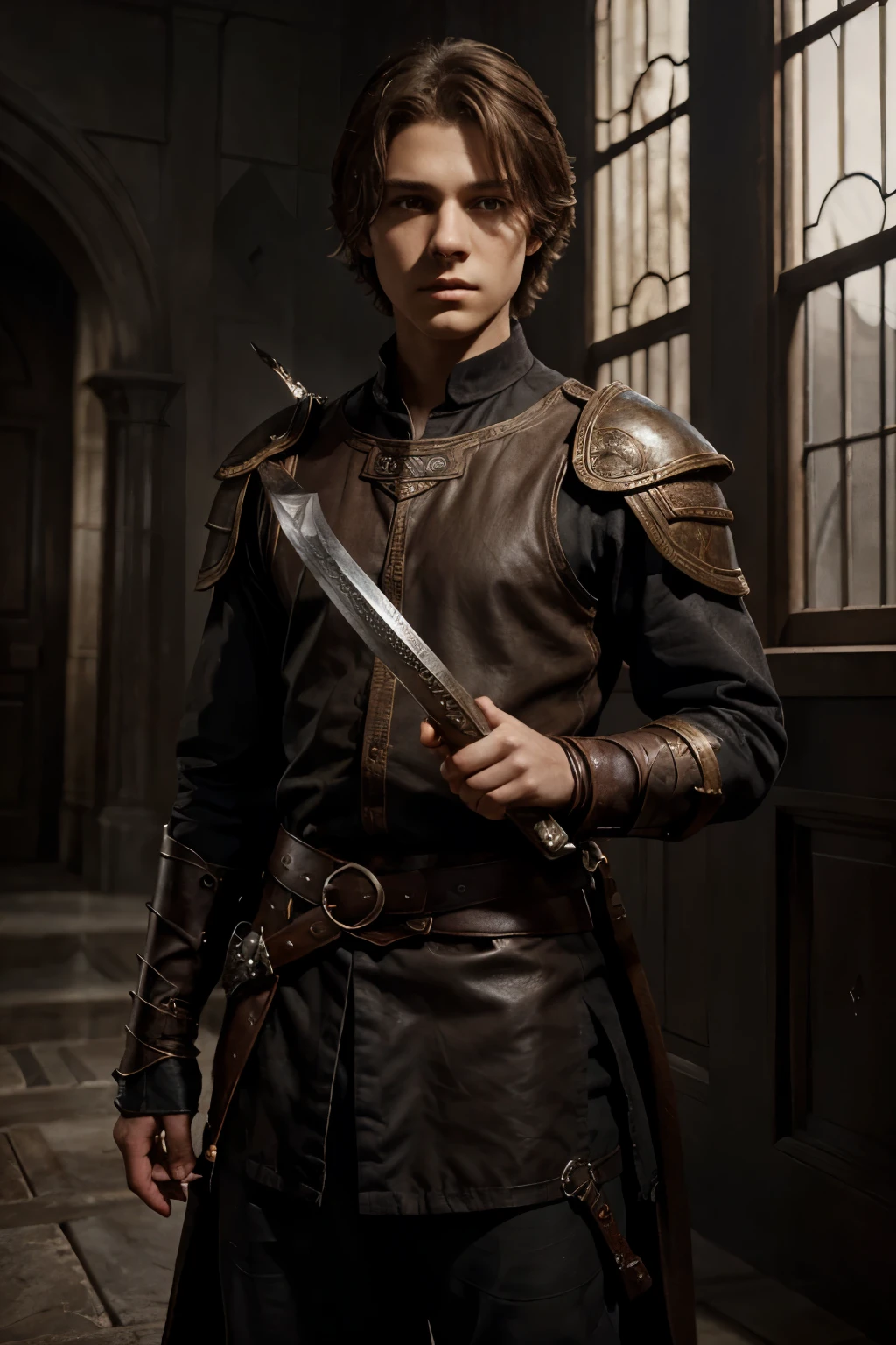 boy 14 years old with brown hair, slightly ashy hair, , grey eyes, tired look, dark fantasy character design, , epic exquisite character art, dark fantasy art, Full view, Amazing character art. holding sword in hand.