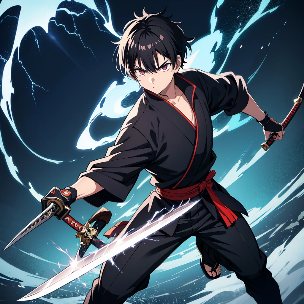 a samurai boy with short black hair, full body, holding a sword, piercing eyes with lightning, serious expression, drawing sword from sheath, electricity sparking from eyes, lightning powers