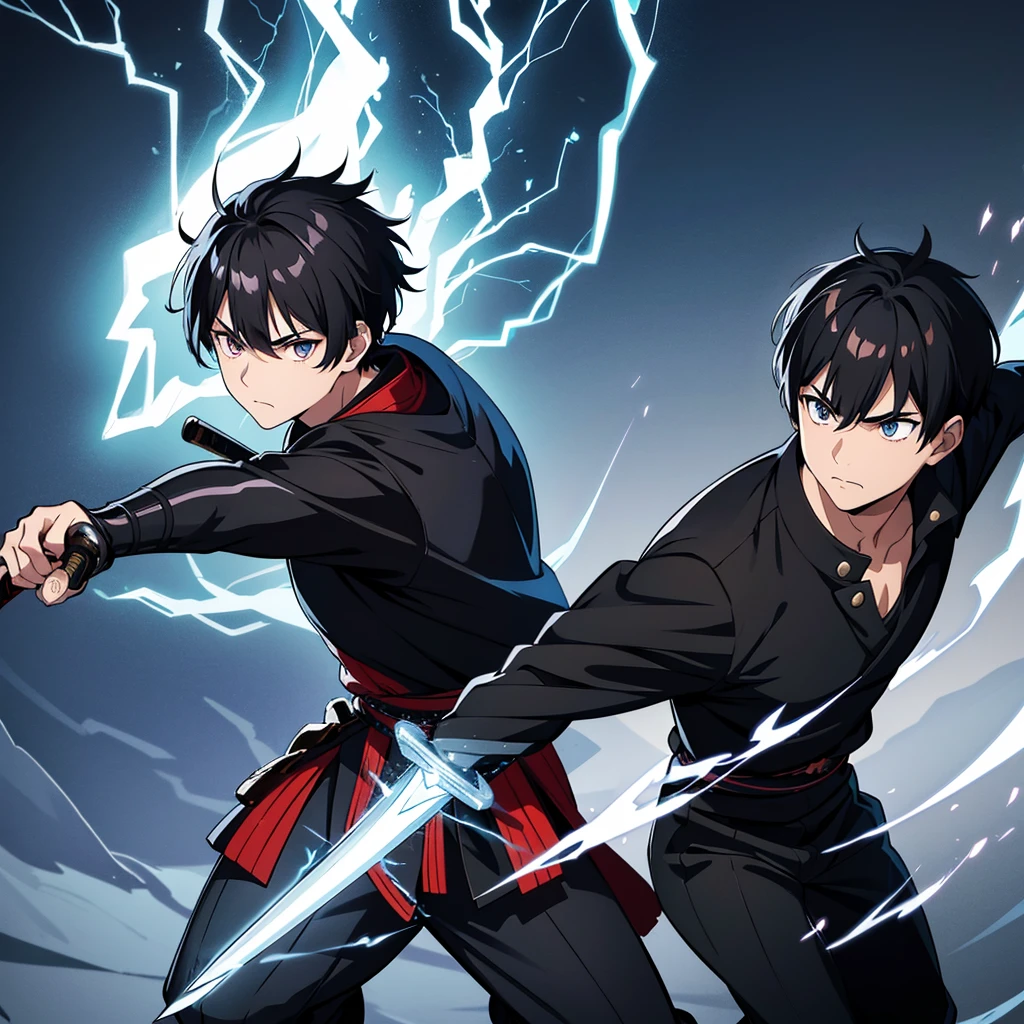 a samurai boy with short black hair, full body, holding a sword, piercing eyes with lightning, serious expression, drawing sword from sheath, electricity sparking from eyes, lightning powers