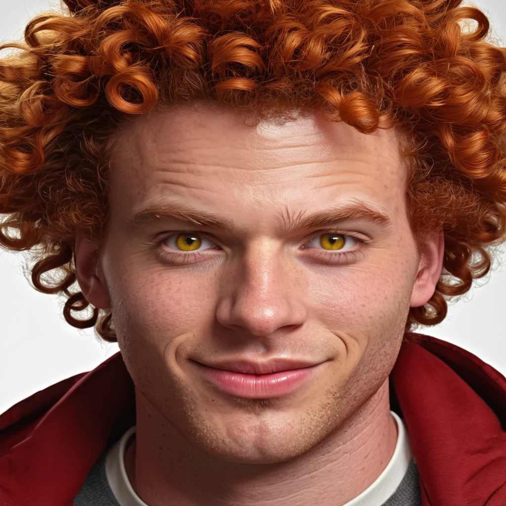 A young handsome Caucasian male with rosy cheeks, huge twisty and curly red afro, strong and detailed jawline and face, bright yellow eyes, devilish smirk, photorealistic