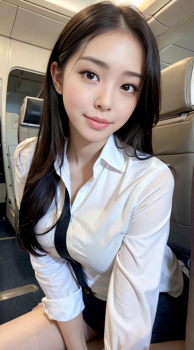 (masterpiece:1.3), High resolution, Super detailed, Highly detailed CG Unity 8k wallpaper, Realistic, photo-Realistic, RAW Photos, Beautifully detailed face, Pale skin, Realistic skin, Detailed cloth texture, Detailed hair texture, Perfect Proportions, Beautiful Face, Accurate, Anatomically correct, Highly detailed face and skin texture, Natural neck length, (Beautiful Hands), (Fair skin:1.2), Thin legs, Thin legs, Sexy thighs, break, Detailed eyes, Symmetrical eyes, Light brown eyes, double eyelid, Thin eyebrows, (Glossy Lips:1.4), ((Cute smile:1.2)), (blush:1.2), break, (Classy and cute girl:1.3), (Wearing the elegant flight attendant uniform of Japan Airlines:1.2), (Medium large breasts), (Slim figure:1.2), (Dark brown hair, Wavy Hair), ((short hair, Asymmetrical bangs:1.2)), (Upper Body Shot:1.2), (View your viewers:1.2), From the side, break, ((Stand on the first class floor in a graceful pose:1.2)), (Inside a private plane: 1.2),