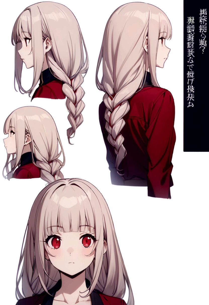 ((masterpiece)),(((best quality))),(character design sheet, same character, front, side, back), illustration, 1 girl, hair color red, bangs, long hair, eyes red and gold, environment change scene, Hairstyle Fax, Pose Zitai, Female, Shirt Shangyi, Star, Charturnbetalora, (simple background, white background: 1.3), --6 4k