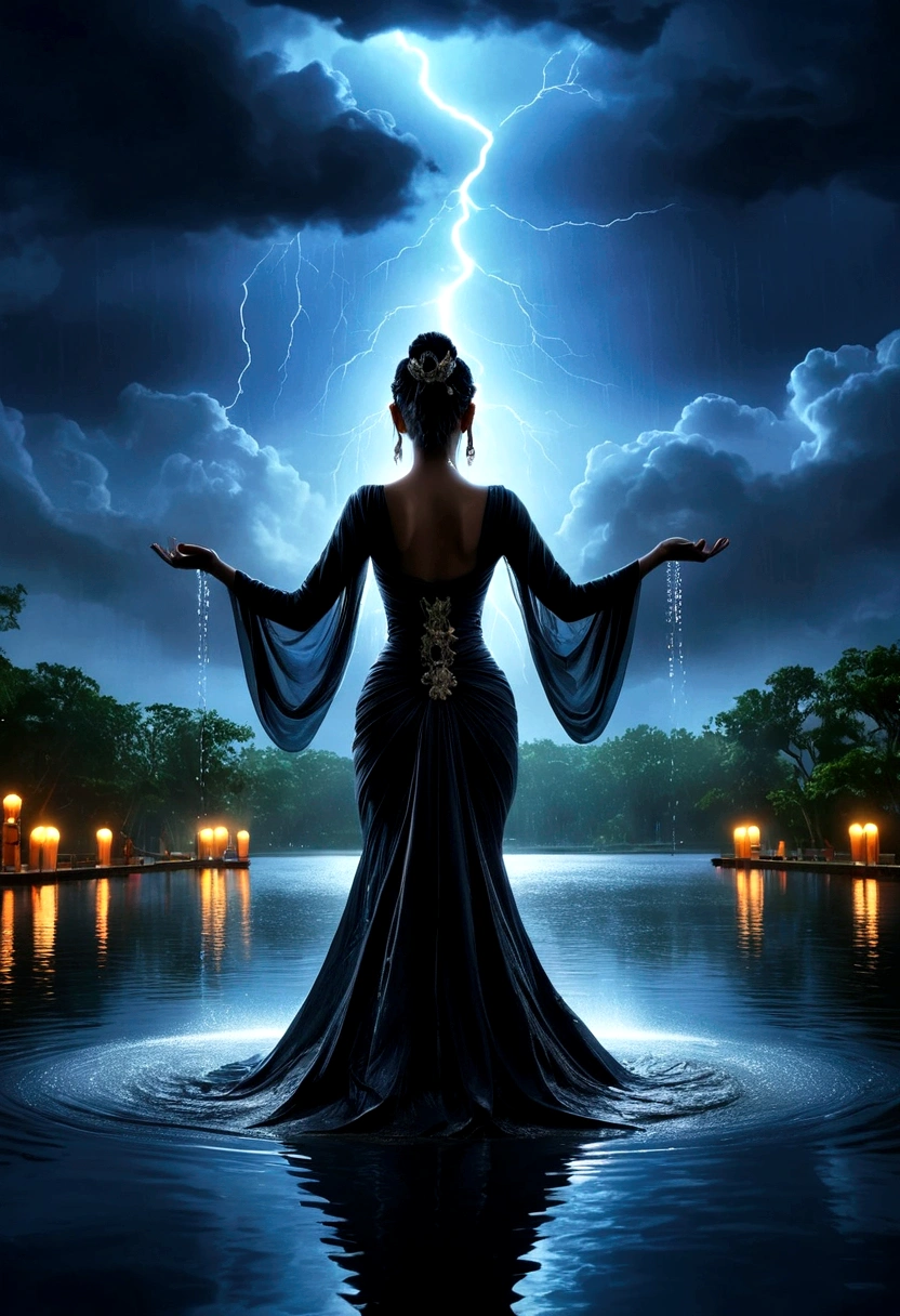 (rainstorm:1.5),Rain splash,Huge waterspout,In the middle of the lake, Mysterious female black silhouette in the middle of the night, Surrounded by glowing spheres, Summoners dance to appease the spirits of the dead. Ceremonial canvas clothing. Sensual. Multiple magic arrays. Dynamic dance. Water Lily. Colorful palette.
