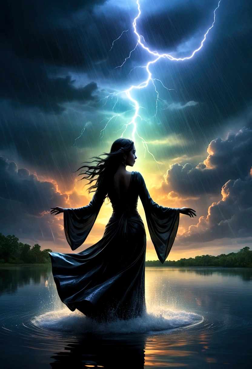 (rainstorm:1.5)，Rain splash，Huge waterspout，In the middle of the lake, Mysterious female black silhouette in the middle of the night, Surrounded by glowing spheres, Summoners dance to appease the spirits of the dead. Ceremonial canvas clothing. Sensual. Multiple magic arrays. Dynamic dance. Water Lily. Colorful palette.