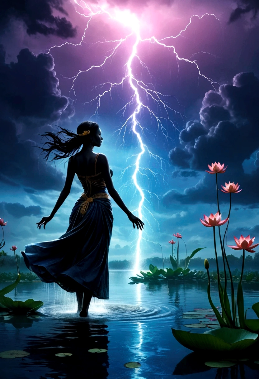 (rainstorm:1.5)，Rain splash，Huge waterspout，In the middle of the lake, Mysterious female black silhouette in the middle of the night, Surrounded by glowing spheres, Summoners dance to appease the spirits of the dead. Ceremonial canvas clothing. Sensual. Multiple magic arrays. Dynamic dance. Water Lily. Colorful palette.