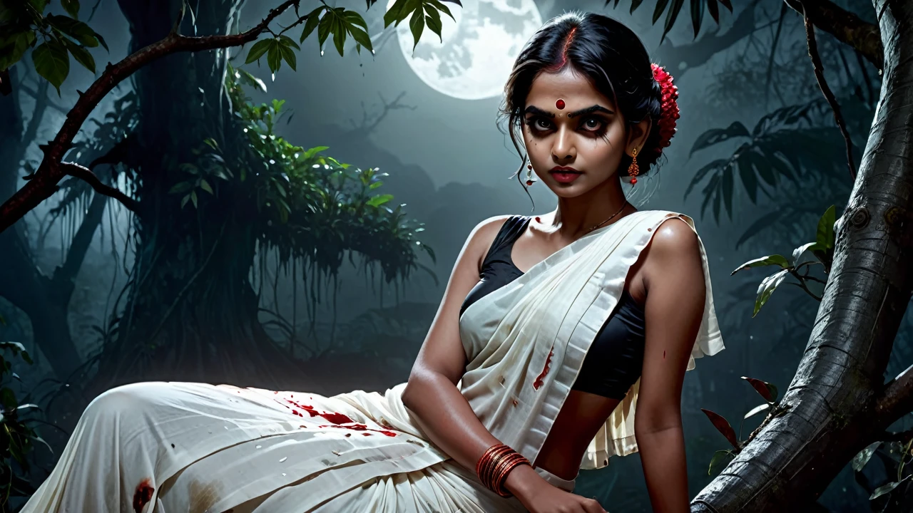 (dark jungle black night ambience) (horror dark effect) (full body) a beautiful indian beautiful teen ghost girl wearing sleeveless white blood stained saree, (big but covered) sitting on a tree branch, scary bloody face, cruel smiling expression, seductive, detailed face, detailed eyes, detailed lips, 8k, high quality, ultra-detailed, realistic, photorealistic, physically-based rendering, horror, dark fantasy, moody lighting, dramatic lighting