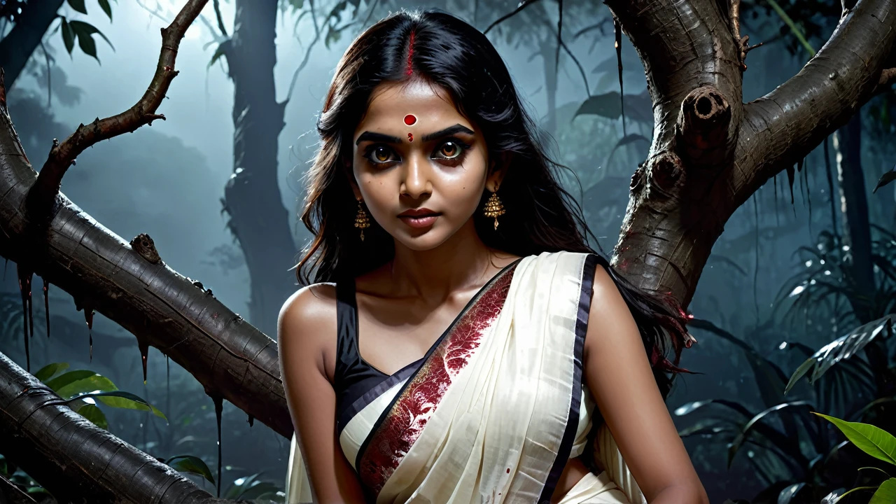 (dark jungle black night ambience) (horror dark effect) (full body) a beautiful indian beautiful  ghost girl wearing sleeveless white blood stained saree, (big but covered) sitting on a tree branch, scary bloody face, cruel smiling expression, seductive, detailed face, detailed eyes, detailed lips, 8k, high quality, ultra-detailed, realistic, photorealistic, physically-based rendering, horror, dark fantasy, moody lighting, dramatic lighting