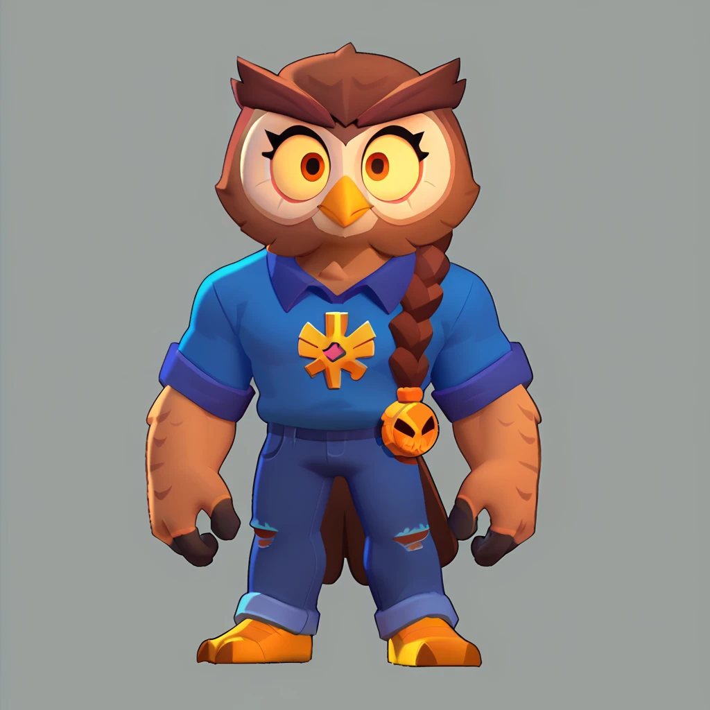 Full body view from an anthropomorphic ebony brown owl, bulging eyes, oval yellow beak, dressed in a blue polo shirt, purple jeans with orange trim on the side, gold braid, owl head logo on his polo shirt, brawl, brawl stars