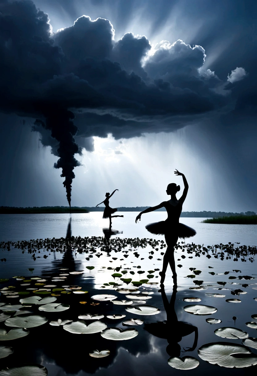 rainstorm,Rain splash,Huge waterspout,Girl shows black silhouette,Contrast with bright background,ballet silhouette,High contrast,Silhouette ballerina on the lake,lotus, lily pad,Shooting against the light,