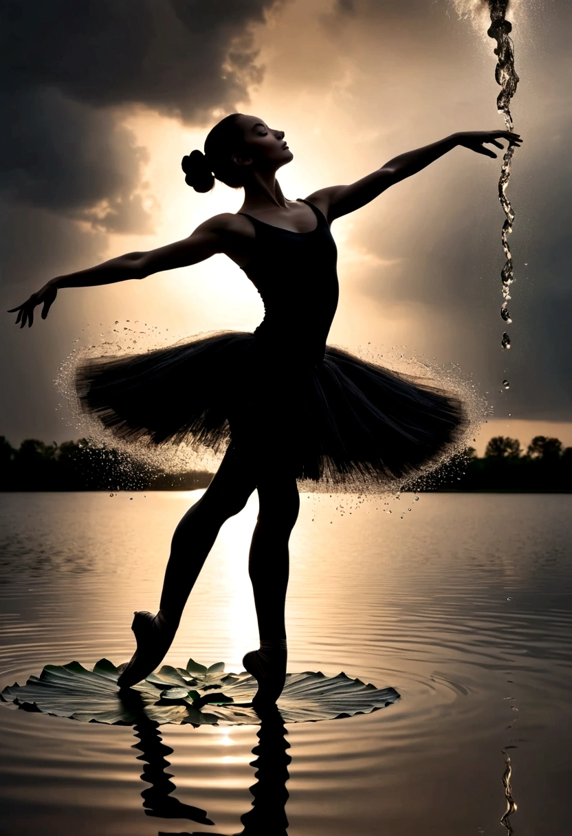 rainstorm,Rain splash,Huge waterspout,Girl shows black silhouette,Contrast with bright background,ballet silhouette,High contrast,Silhouette ballerina on the lake,lotus, lily pad,Shooting against the light,