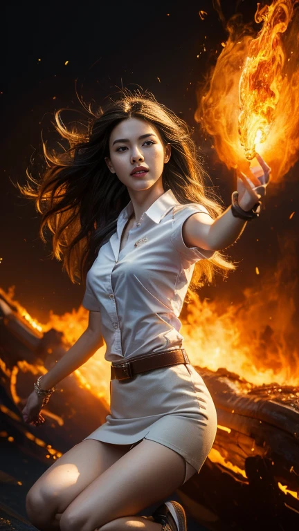 (fire element:1.1), medium long shot, It consists of fire element,fire,transparency,burning,(molten rock),Frame print,burning hair,smoke,cloud,chopped, girl engulfed in flames, Flames fly and sparks scatter,mano burning,translucent luminescence, 18s woman in thai university uniform, long straight fire hair, white shirt, black tight mini skirt, brown belt, white sneakers, masterpiece:1.2, high detail, realistic, cinematic scene, fire goddess, perfect figure, 16k, close up, portrait photo, dynamic powerful pose