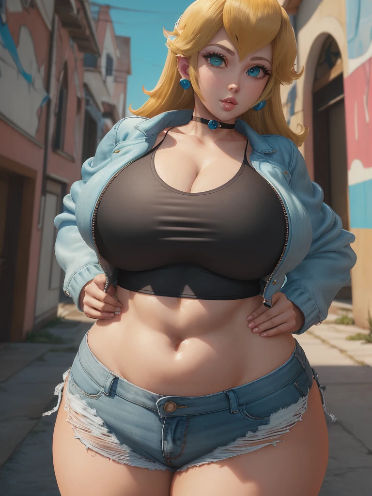 (PrincessPeach), (Princess Peach), choker, detailled eyes, blue eyes, choker, sensual, pink lips, ((glossy lips)), pursed lips, black shirt, white tank top, blouse, cleavage, collarbone, denim, denim shorts, jacket, long sleeves, ((open clothes)), open jacket, partially unzipped, blue jacket, shirt, short shorts, shorts, tank top, track jacket, unzipped, ((large breasts, big hips, tight clothes, cleavage, looking at the viewer)), (abs:0.8), BLUSHED, UNDERBOOB (realistic:1.2), (realism), (masterpiece:1.2), (best quality), (ultra detailed), (8k, 4k, intricate),(85mm),light particles, lighting, (highly detailed:1.2),(detailed face:1.2), (gradients), colorful,(detailed eyes:1.2),(detailed background),detailed landscape, (dynamic angle:1.2), (rule of third_composition:1.3), (Line of action:1.2)