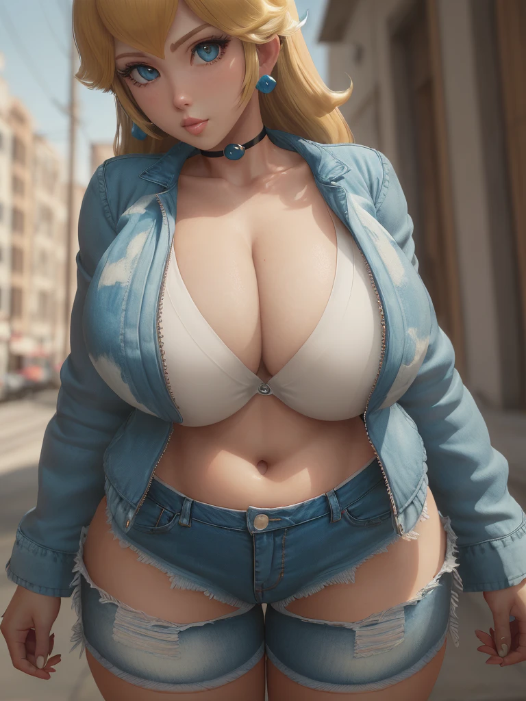 (PrincessPeach), (Princess Peach), choker, detailled eyes, blue eyes, choker, sensual,  pink lips, ((glossy lips)), pursed lips,  black shirt, white tank top, blouse, cleavage, collarbone, denim, denim shorts, jacket, long sleeves, ((open clothes)), open jacket, partially unzipped, blue jacket, shirt, short shorts, shorts, tank top, track jacket, unzipped, ((large breasts, big hips, tight clothes, cleavage, looking at the viewer)), (abs:0.8), BLUSHED, UNDERBOOB (realistic:1.2), (realism), (masterpiece:1.2), (best quality), (ultra detailed), (8k, 4k, intricate),(85mm),light particles, lighting, (highly detailed:1.2),(detailed face:1.2), (gradients), colorful,(detailed eyes:1.2),(detailed background),detailed landscape, (dynamic angle:1.2), (rule of third_composition:1.3), (Line of action:1.2)