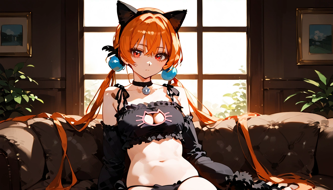 anime artwork, score_9, score_8_up, score_7_up, score_6_up, score_5_up, score_4_up,alisasr, 1girl, orange hair, red eyes, fake black cat ears, hairband, long hair, very long hair, twintails, hair ornament, hair bobbles, low twintails,, \\\\\\ \\\\\ , cat lingerie, paws gloves, cat tail, sit on sofa, lower body
