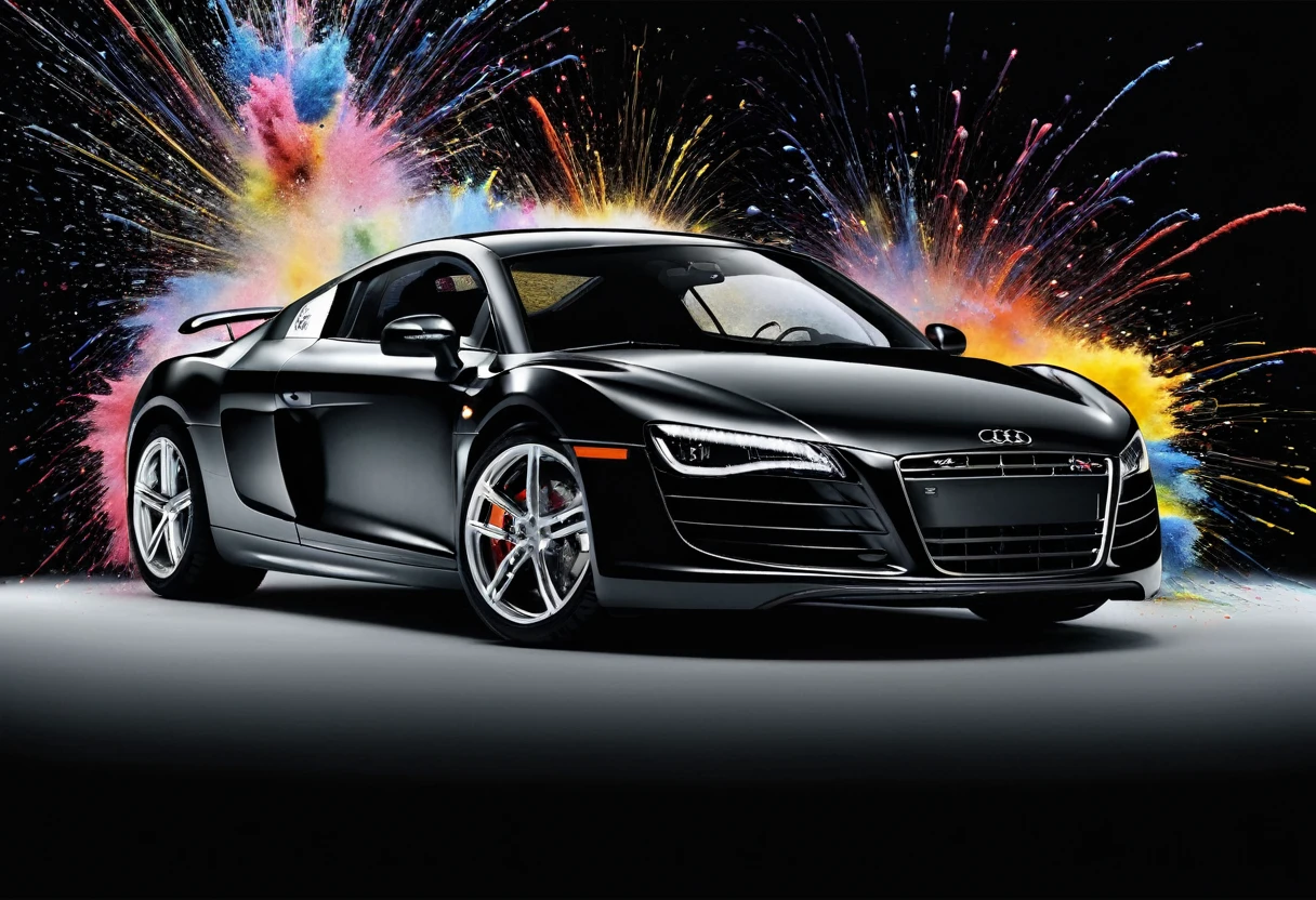Audi r8 2009, black backdrop, paint exploding in the background