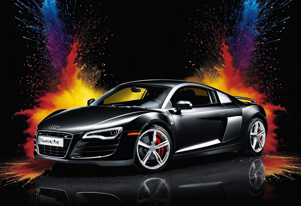 Audi r8 2009, black backdrop, paint exploding in the background