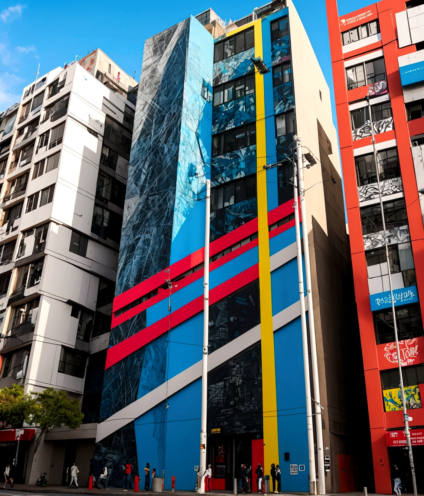 An impressive urban artwork displayed on a building facade, showcasing the phrase "Jesús, the way, the truth, and the life" in bold, vibrant hues. The modern and edgy typography combines straight and curved lines to produce a captivating contrast. This graffiti stands out against a bustling metropolitan setting with towering buildings in the background, exuding a dynamic and attention-grabbing vibe that encapsulates the spirit of urban art.