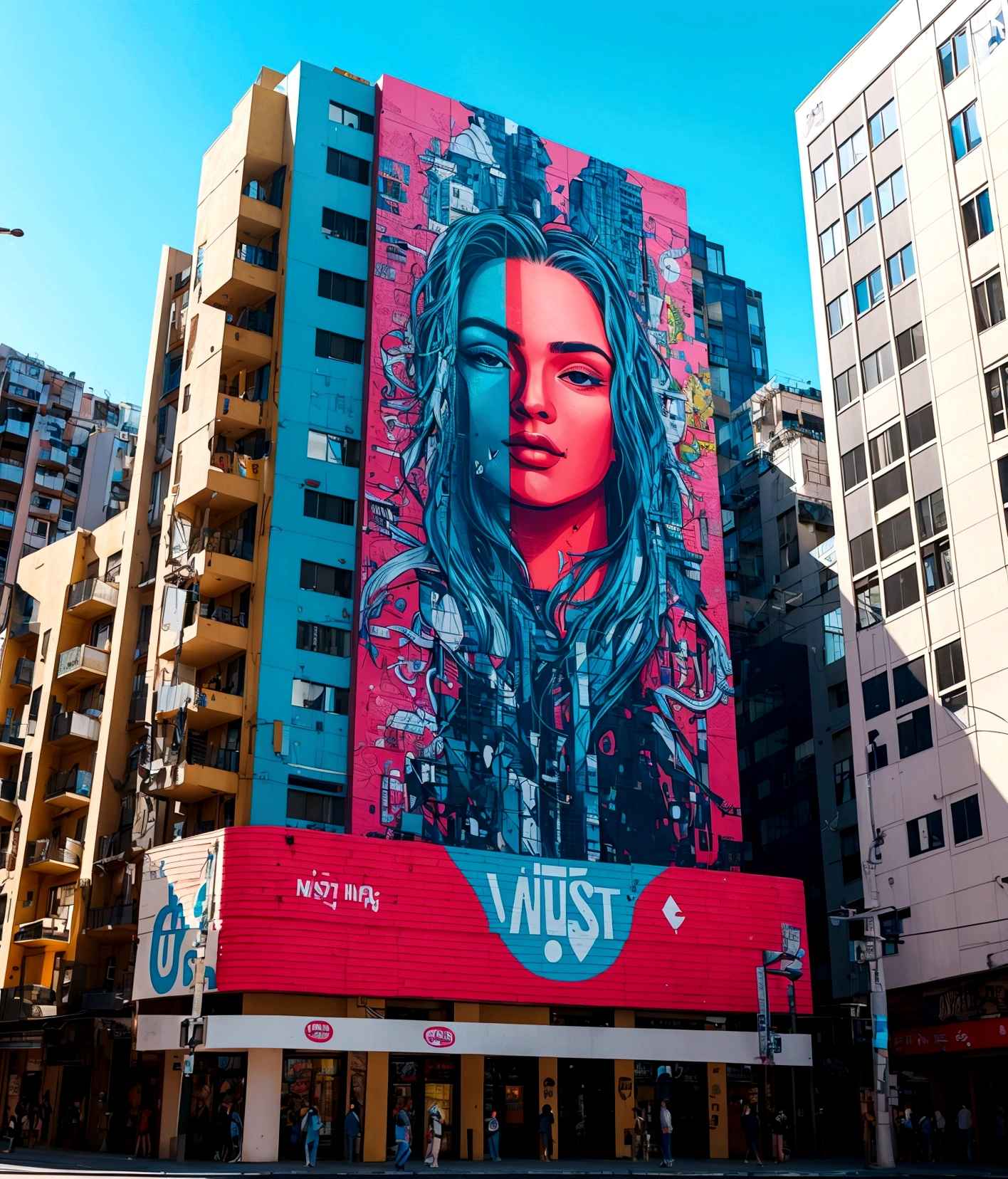 An impressive urban artwork displayed on a building facade, showcasing the phrase "Jesús, the way, the truth, and the life" in bold, vibrant hues. The modern and edgy typography combines straight and curved lines to produce a captivating contrast. This graffiti stands out against a bustling metropolitan setting with towering buildings in the background, exuding a dynamic and attention-grabbing vibe that encapsulates the spirit of urban art.
