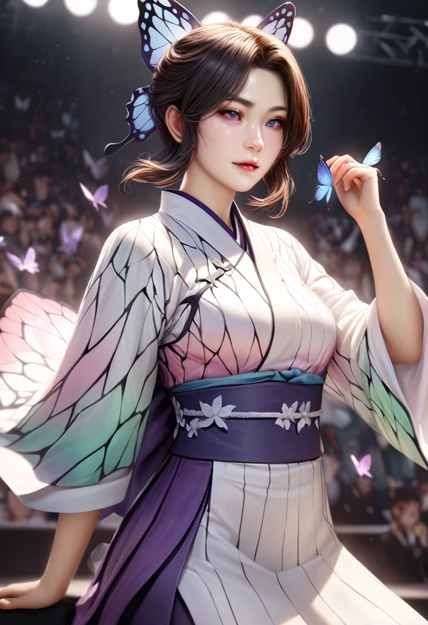 animetoreal,soft light, masterpiece, best quality,high quality,delicate face, realistic,photorealistic,1girl,,Kochou Shinobu, Decorate hair with a butterfly, violet eyes, multi-colored hair, Short hair, Parted bangs, Japanese dress,on stage,floating_clothes