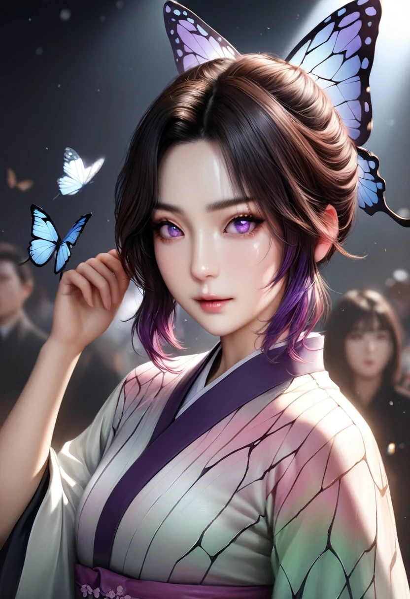 animetoreal,soft light, masterpiece, best quality,high quality,delicate face, realistic,photorealistic,1girl,,Kochou Shinobu, Decorate hair with a butterfly, violet eyes, multi-colored hair, Short hair, Parted bangs, Japanese dress,on stage,floating_clothes