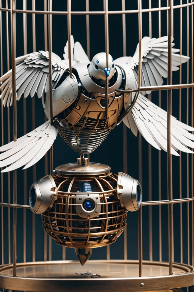 a robot with its chest open and inside is a dove of peace in a cage