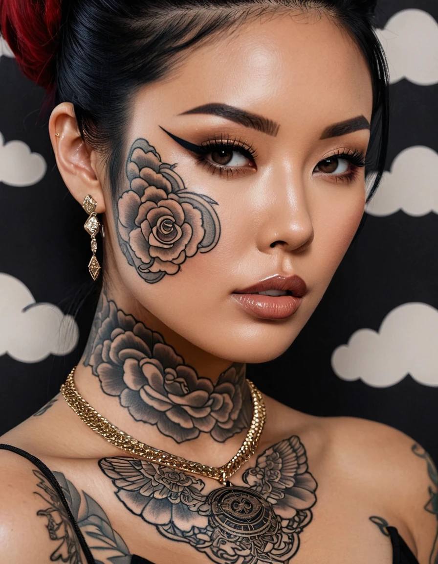 (masterpiece:1.7, best quality, high resolution image), Cinematic lighting, close-up of a tattoo depicting a woman's face. The focus is on her eyes, creating direct eye contact. The tattoo features insane clothing details, with intricate artwork resembling the style of Audrey Kawasaki. The background showcases oriental cloud tattoo art, providing an aesthetic backdrop. The tattoo is rendered in ink style, emphasizing the intricate face details and open lips. The artwork includes elements such as clothing showing skin, a necklace, and a pistol on the hip, all contributing to a stunning visual masterpiece. Professional composition ensures the best quality image output.