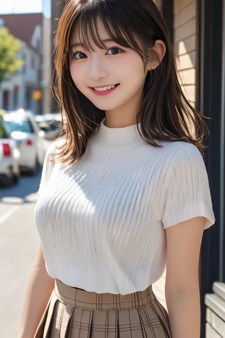 Highest quality, (beautiful)、Larger breasts、、Brown Hair、looking at the camera、noon、Town、Private Server、Mini Pleated Skirt、smile
