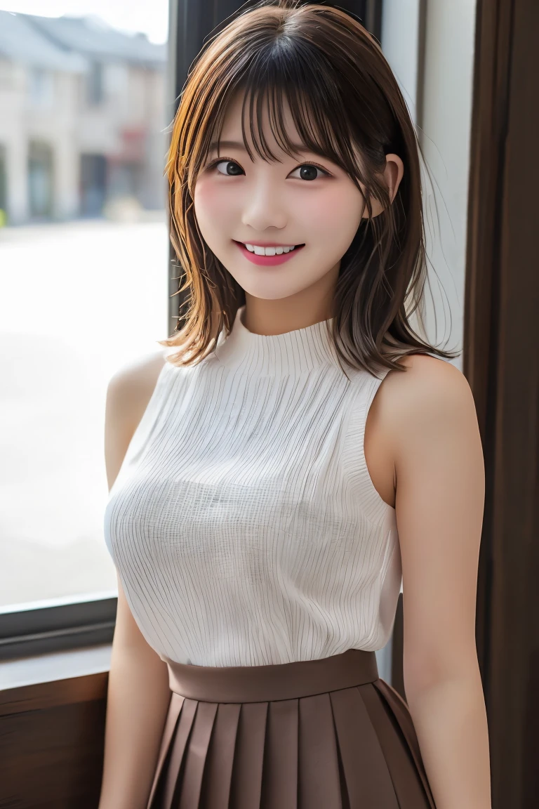 Highest quality, (beautiful)、Larger breasts、、Brown Hair、looking at the camera、noon、Town、Private Server、Mini Pleated Skirt、smile