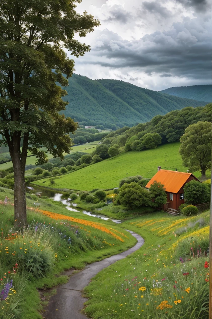 Create a landscape of a serene countryside scene during a gentle summer rain. A cozy cottage with a red roof is nestled near a large, lush green tree. The sky is filled dramatic, billowing clouds in vibrant shades of orange and yellow, illuminated by sunlight breaking though, creating a striking contrast with the dark blue rain  clouds. A narrow, winding path leads to the cottag, bordered by wildflowers in bright red and orange hues and rich green grass. Small puddles from from the rain along the path. The overall atmosphere is peaceful and picturesquepicturesque,  with a harmonious blend of nature and tranquility, depicted in highly saturated colors to enhance the vividness and charm of the landscape