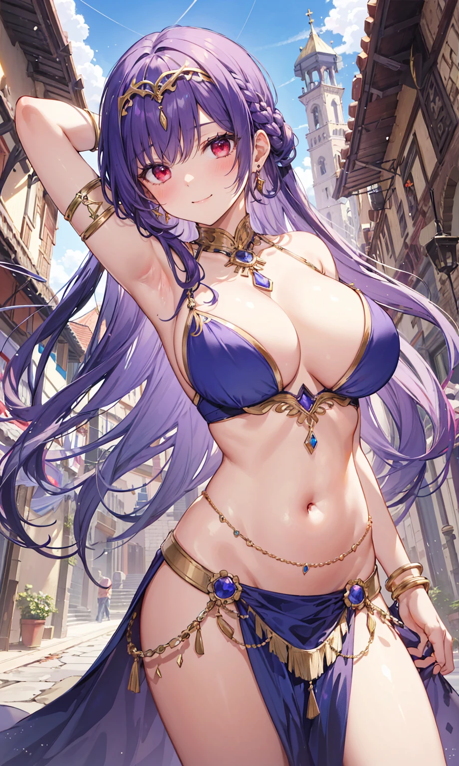 high quality, ultra detailed, best quality, insanely detailed, beautiful, masterpiece, 1girl, medieval plaza, cowboy shot, red eyes, long hair, purple hair, belly dancer, circlet, earrings, armlets, bracelets, bashful smile, large breasts, cleavage, soft stomach