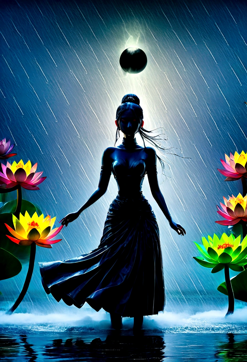 (rainstorm:1.5),Rain splash,Huge waterspout,In the middle of the lake, Mysterious female black silhouette in the middle of the night, Surrounded by glowing spheres, Summoners dance to appease the spirits of the dead. Ceremonial canvas clothing. Sensual. Multiple magic arrays. Dynamic dance. Water Lily. Colorful palette.
