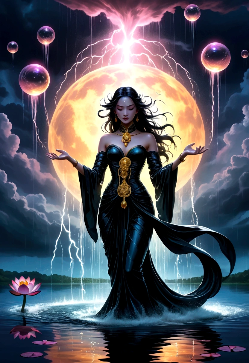 (rainstorm:1.5)，Rain splash，Huge waterspout，In the middle of the lake, Mysterious female black silhouette in the middle of the night, Surrounded by glowing spheres, Summoners dance to appease the spirits of the dead. Ceremonial canvas clothing. Sensual. Multiple magic arrays. Dynamic dance. Water Lily. Colorful palette.