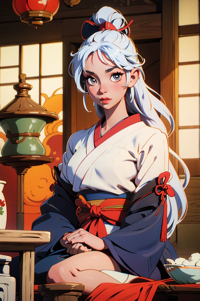 Geisha with white, tied hair sitting inside a traditional Japanese house