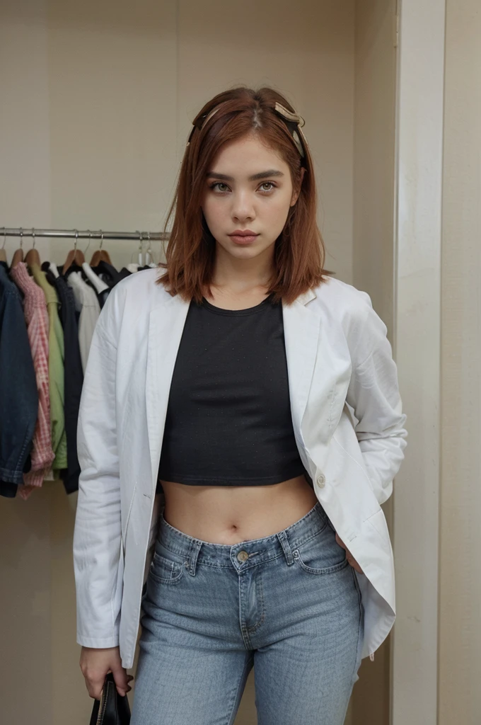 Shopping, blue jeans, black top, Blazer blanco